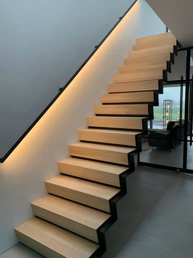 Verlichting in Trappen Stalen steek trap met houten treden